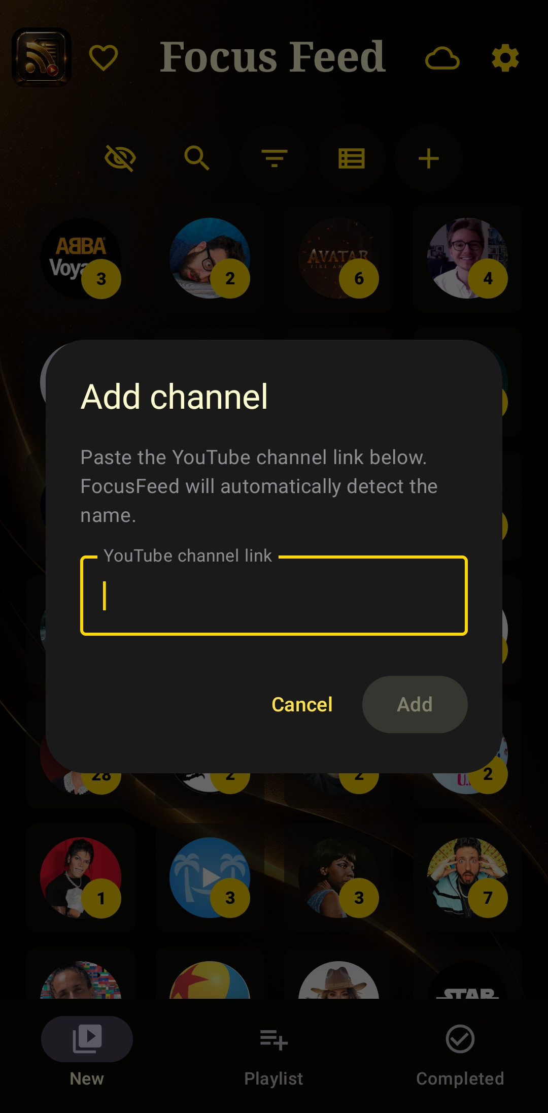 Add channel dialog — paste a YouTube channel link and Focus Feed detects the name automatically