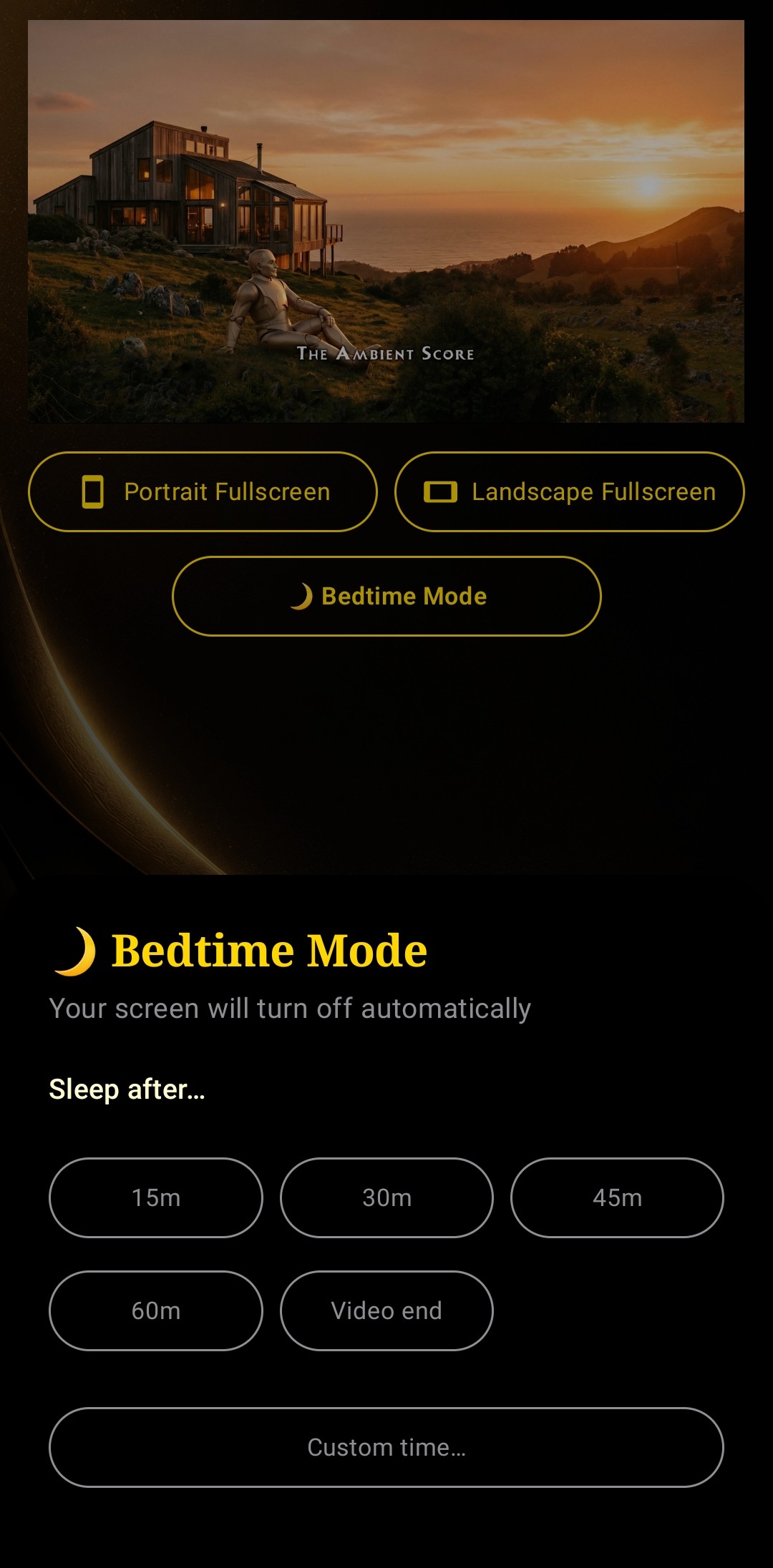 Bedtime Mode panel with Sleep after presets: 15m, 30m, 45m, 60m, Video end, and Custom time