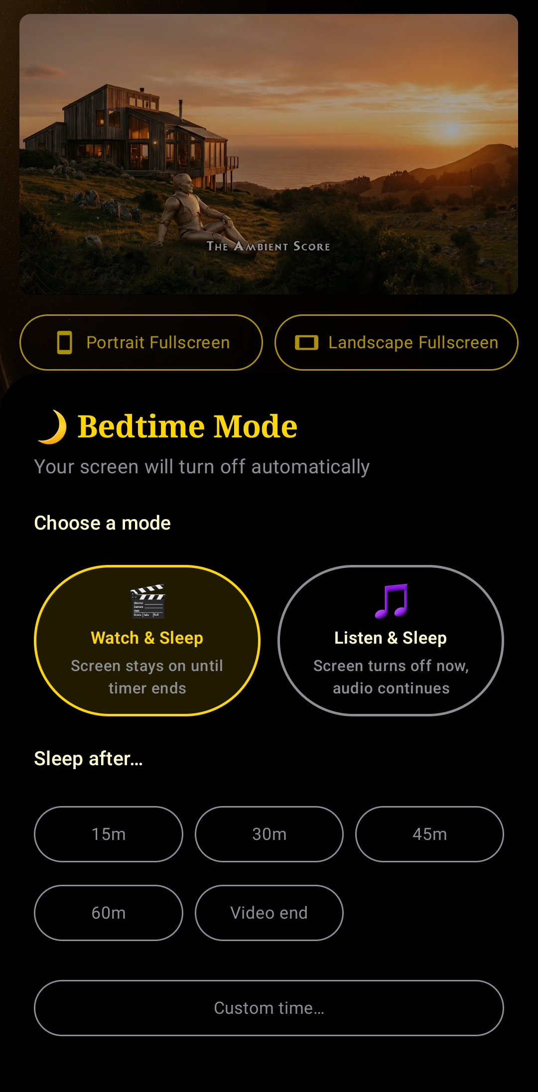 Bedtime Mode screen with Watch and Sleep, Listen and Sleep, and sleep timer options