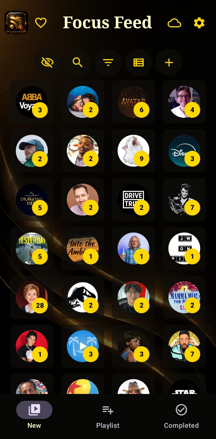 Focus Feed home screen showing followed channels in a grid, each with a gold badge counting new videos
