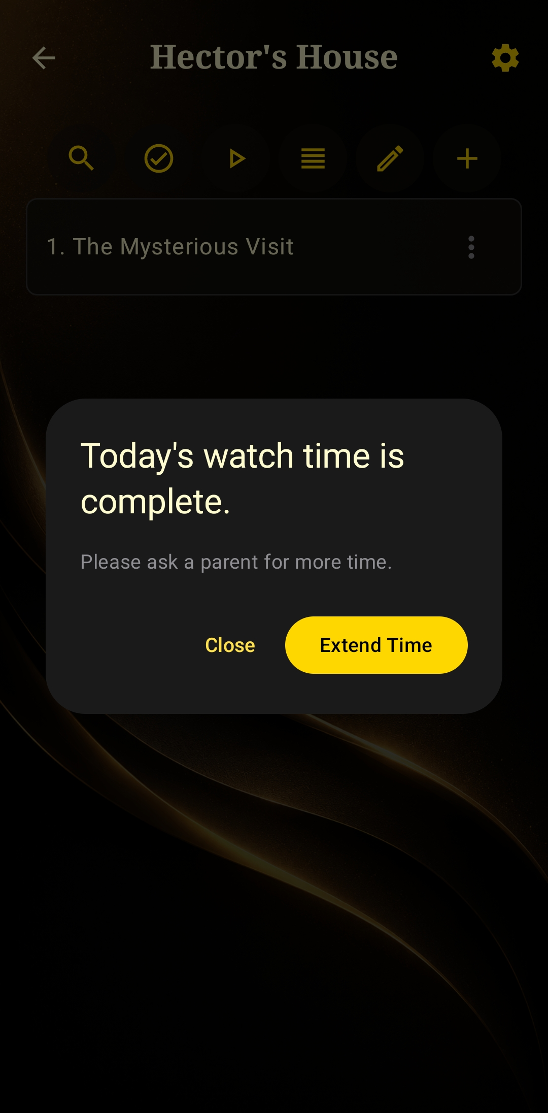 Daily watch timer complete screen asking to request more time from a parent