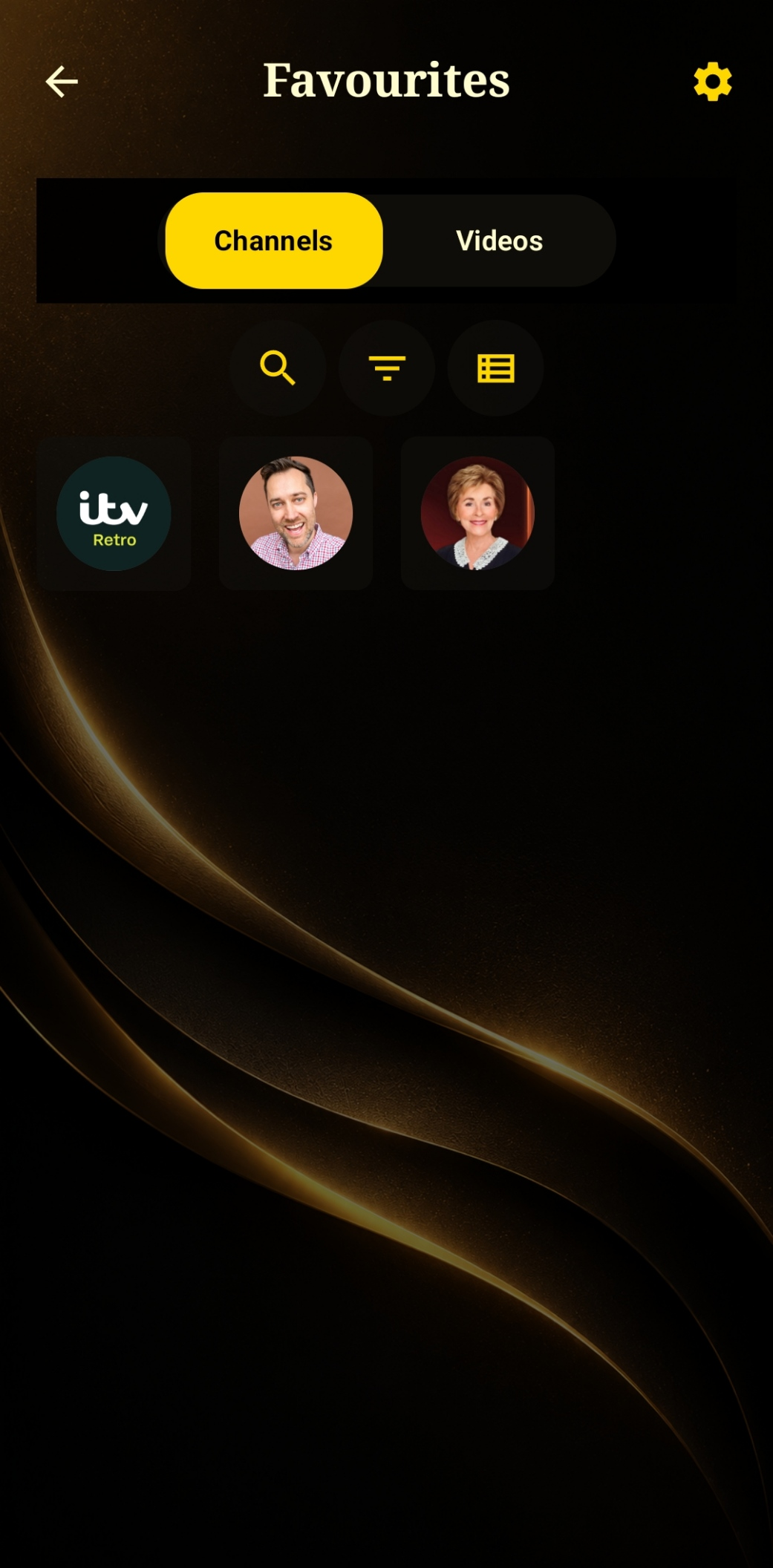 Favourites screen, Channels tab