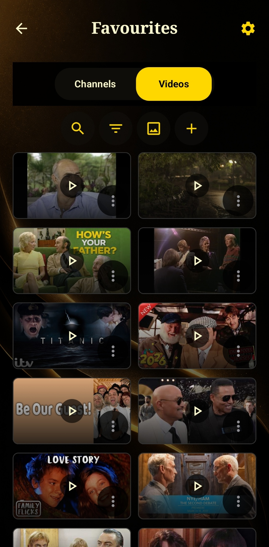 Favourites screen, Videos tab