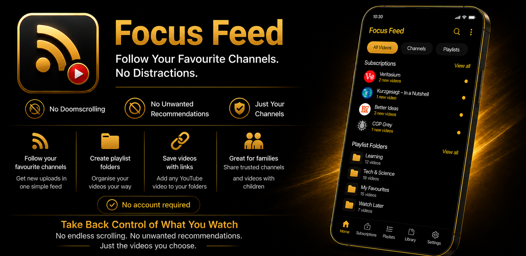 Focus Feed promotional banner: follow your favourite channels, no distractions