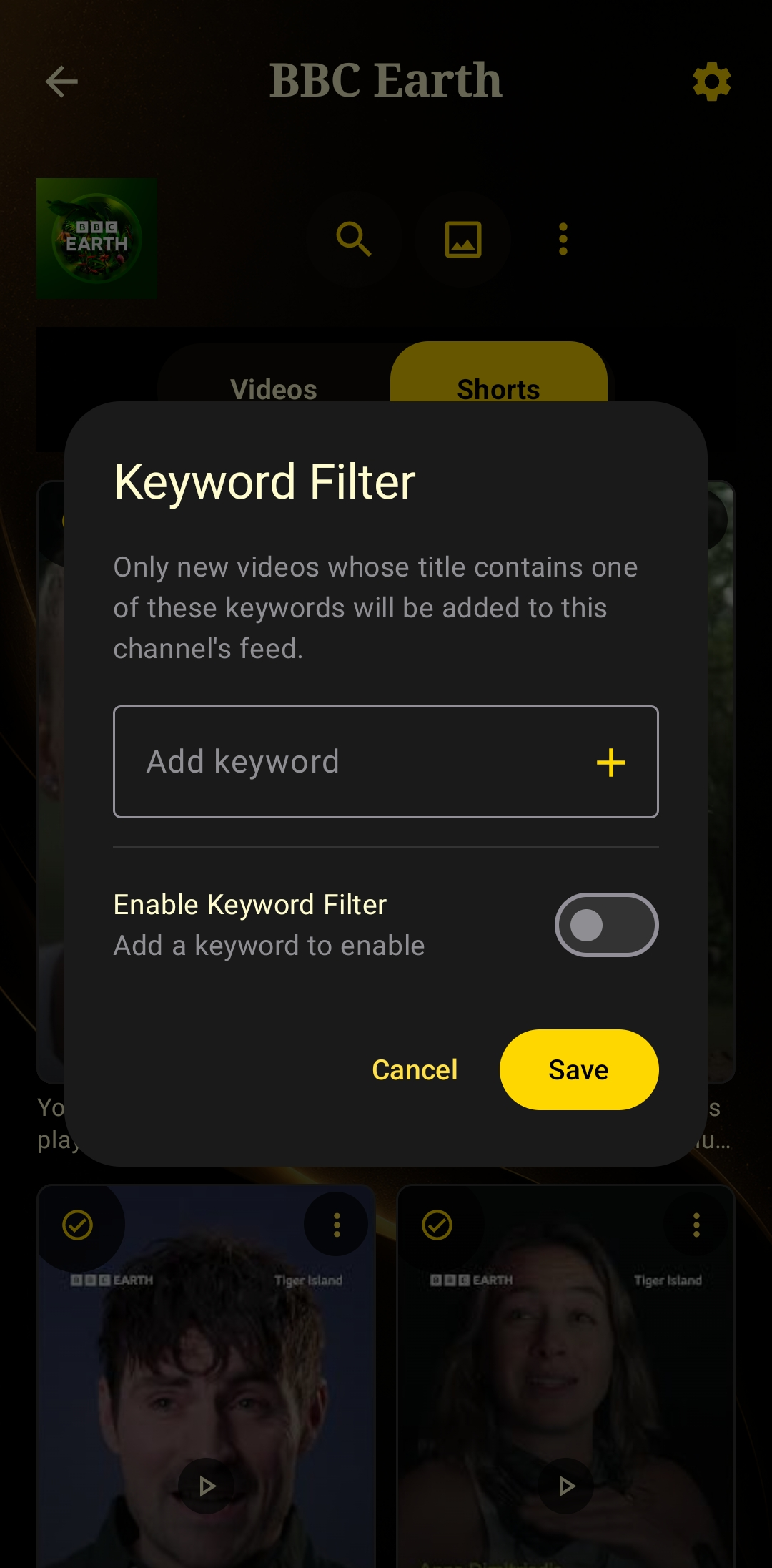 Keyword Filter dialog — only videos whose title contains a chosen keyword are added to the feed