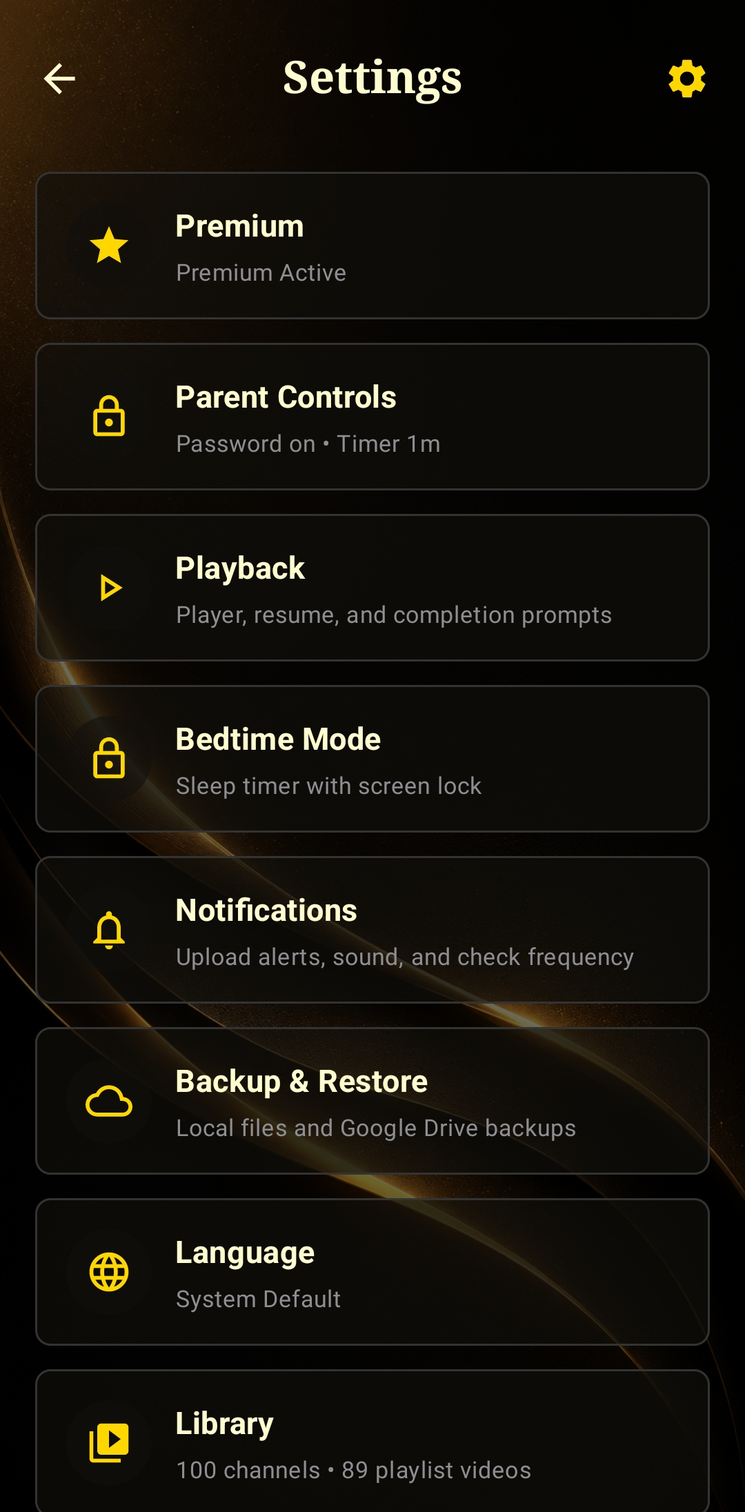 Settings screen showing Premium, Parent Controls, Playback, Bedtime Mode, Notifications, Backup and Restore, Language, and Library