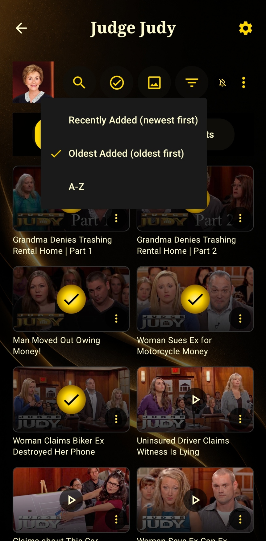Sort order menu with Recently Added, Oldest Added, and A-Z, plus watched ticks on videos
