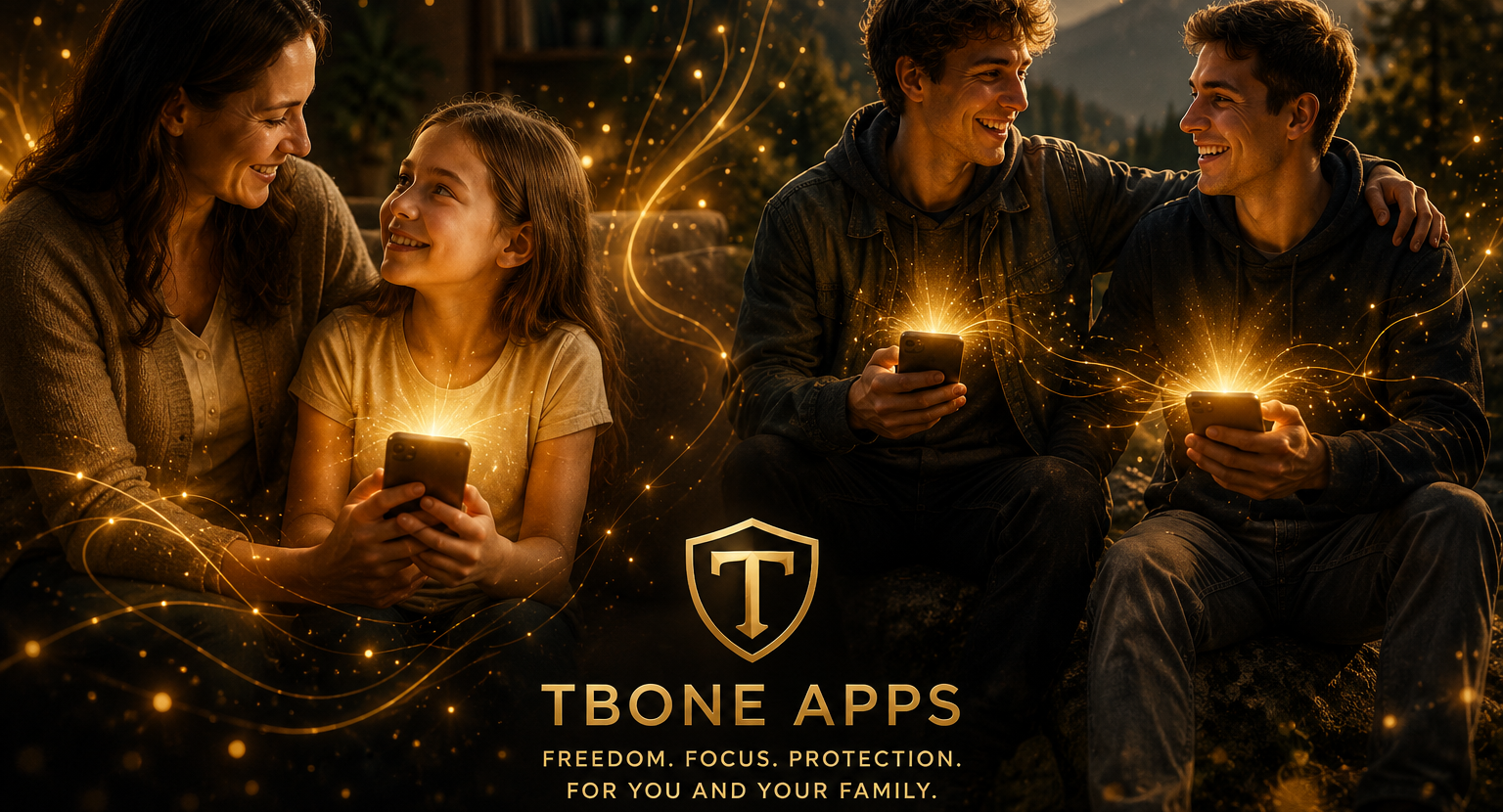 Family using phones with gold Tbone Apps protection glow