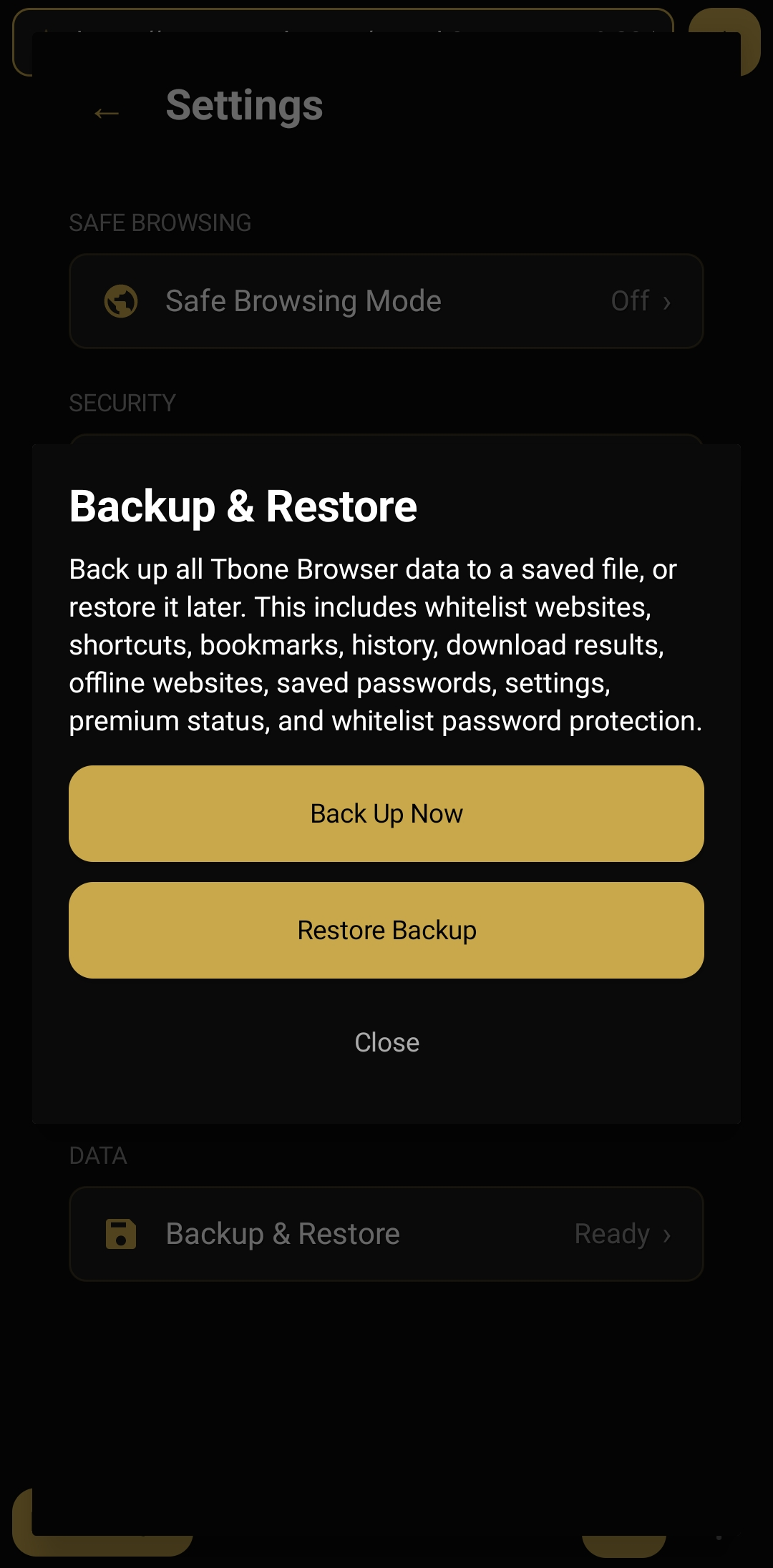 Backup and Restore screen with Back Up Now and Restore Backup buttons