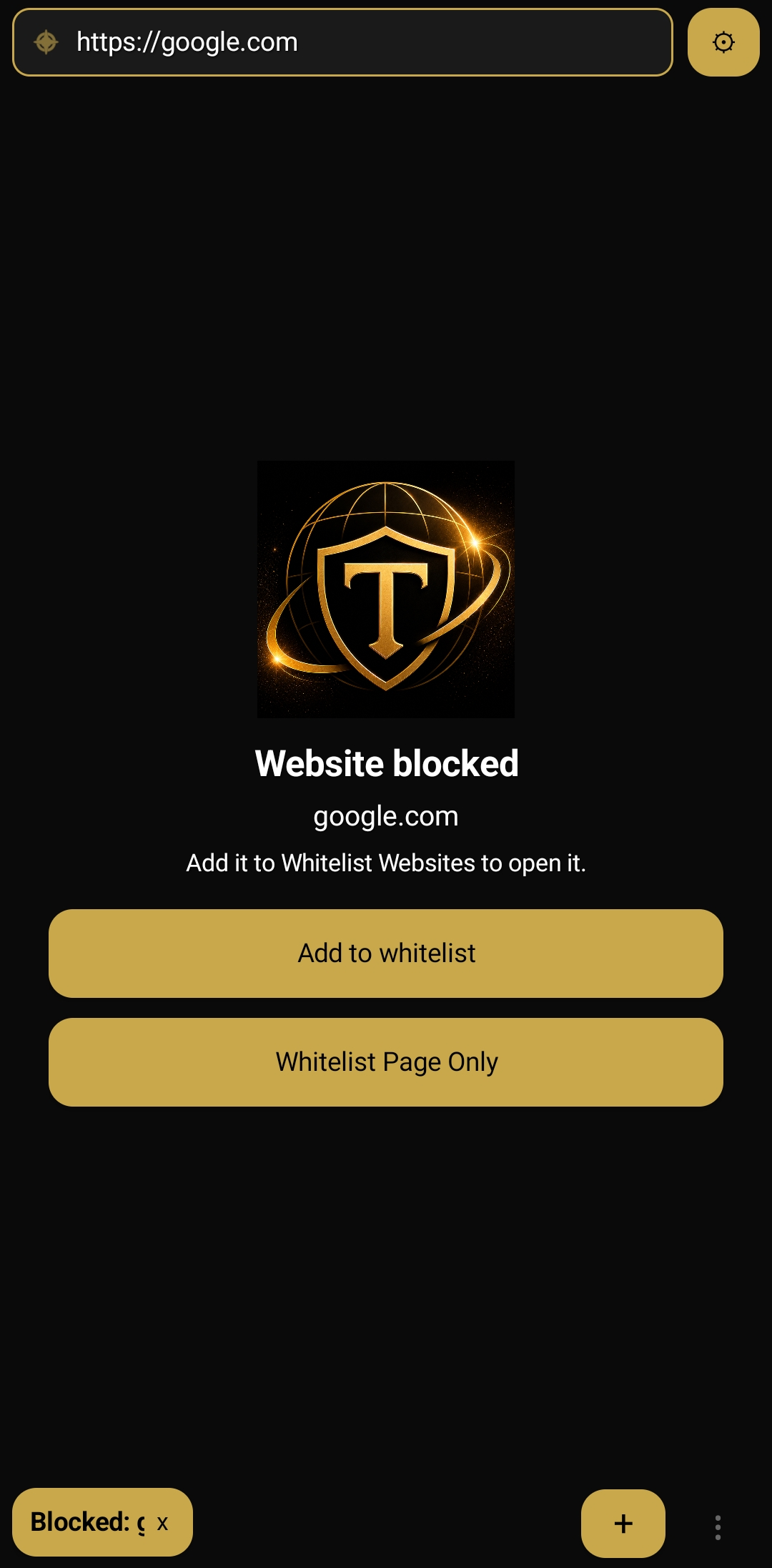 Website blocked screen showing Add to Whitelist and Whitelist Page Only options