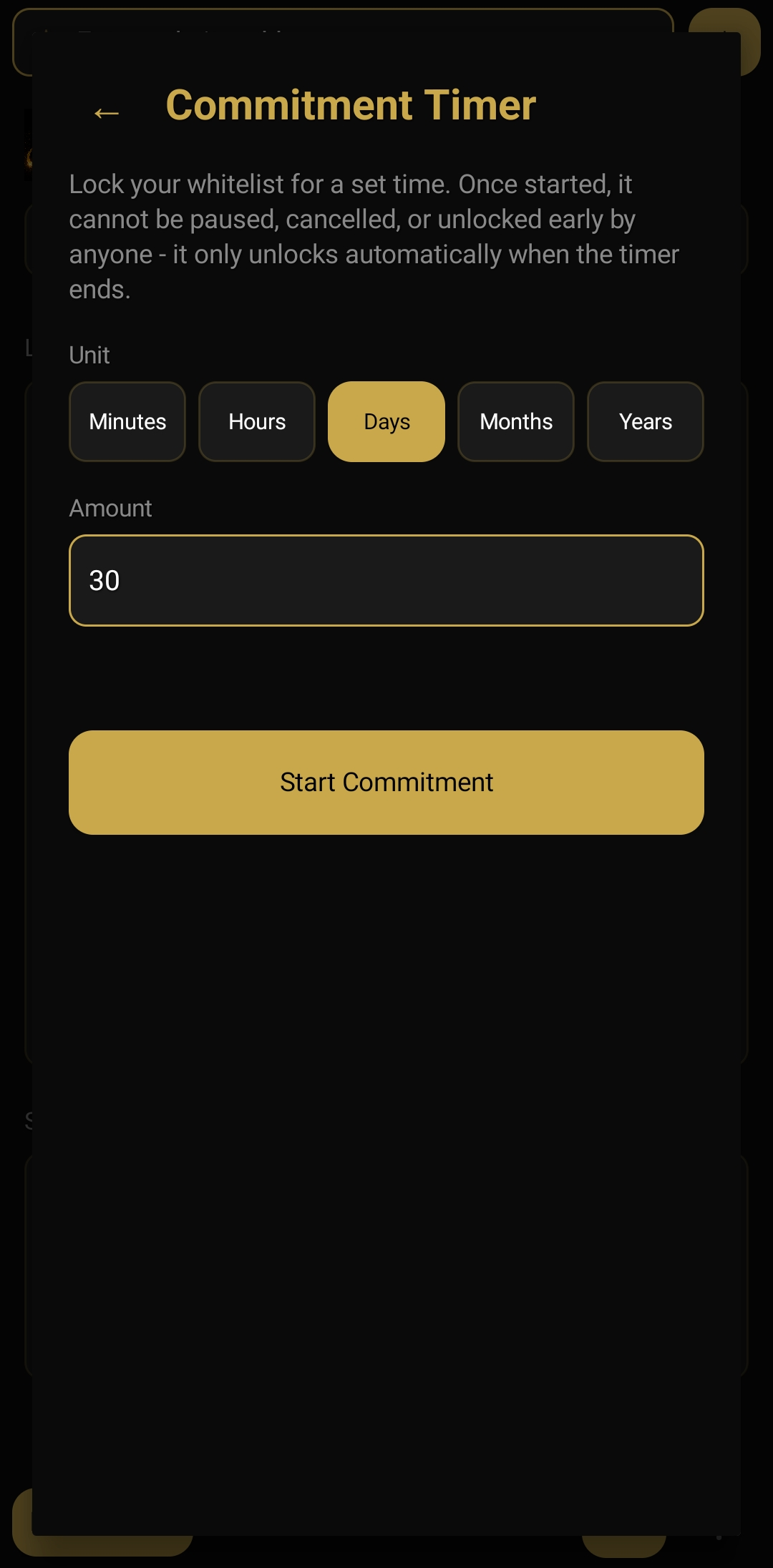 Commitment Timer screen with unit and amount selectors and Start Commitment button