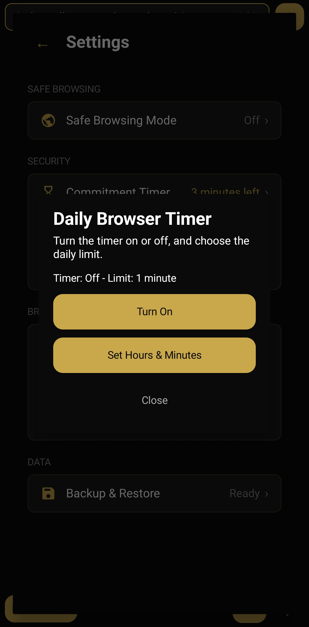 Daily Browser Timer settings with hours and minutes limit