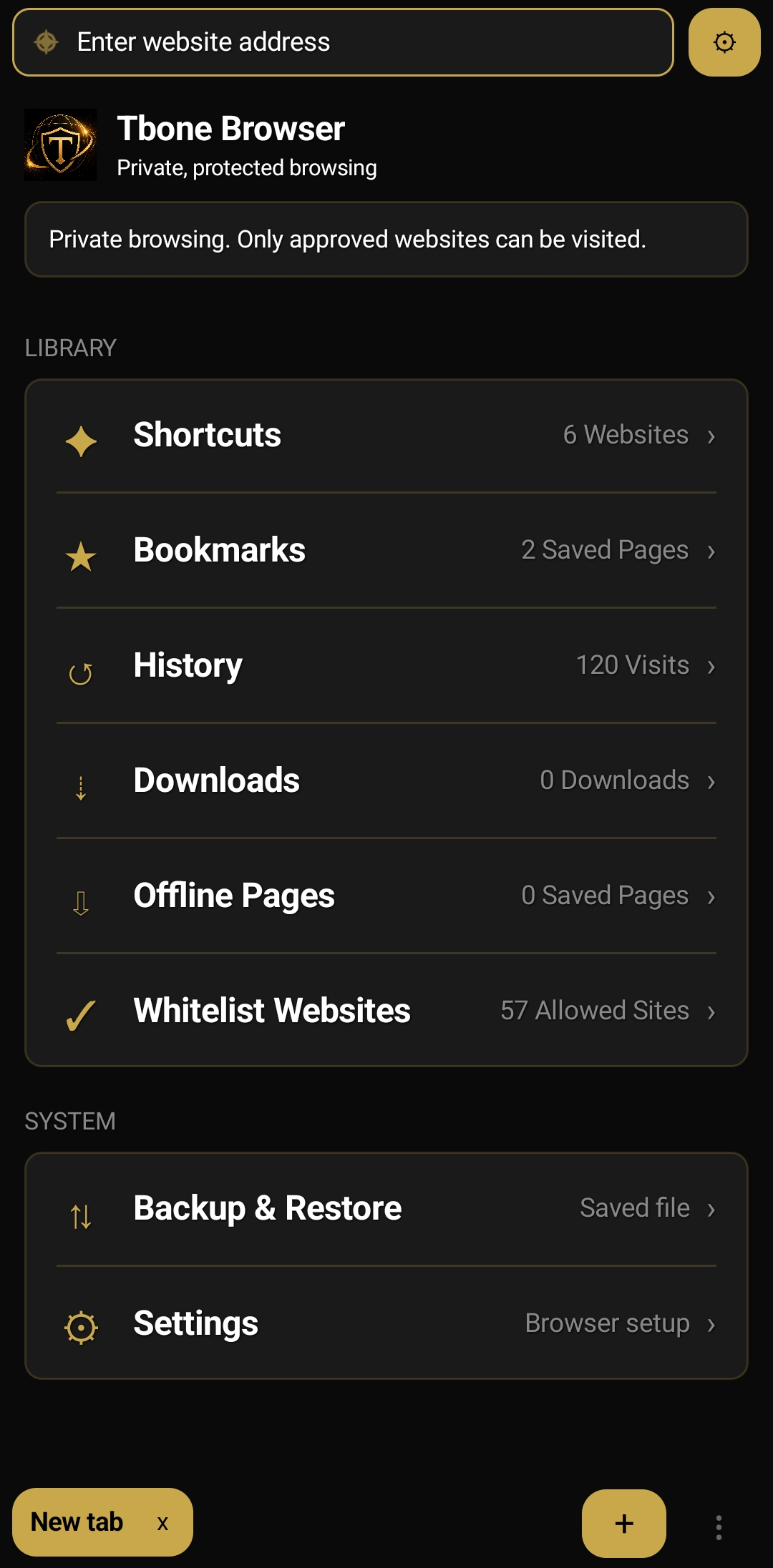 Tbone Browser home screen showing Library and System settings sections