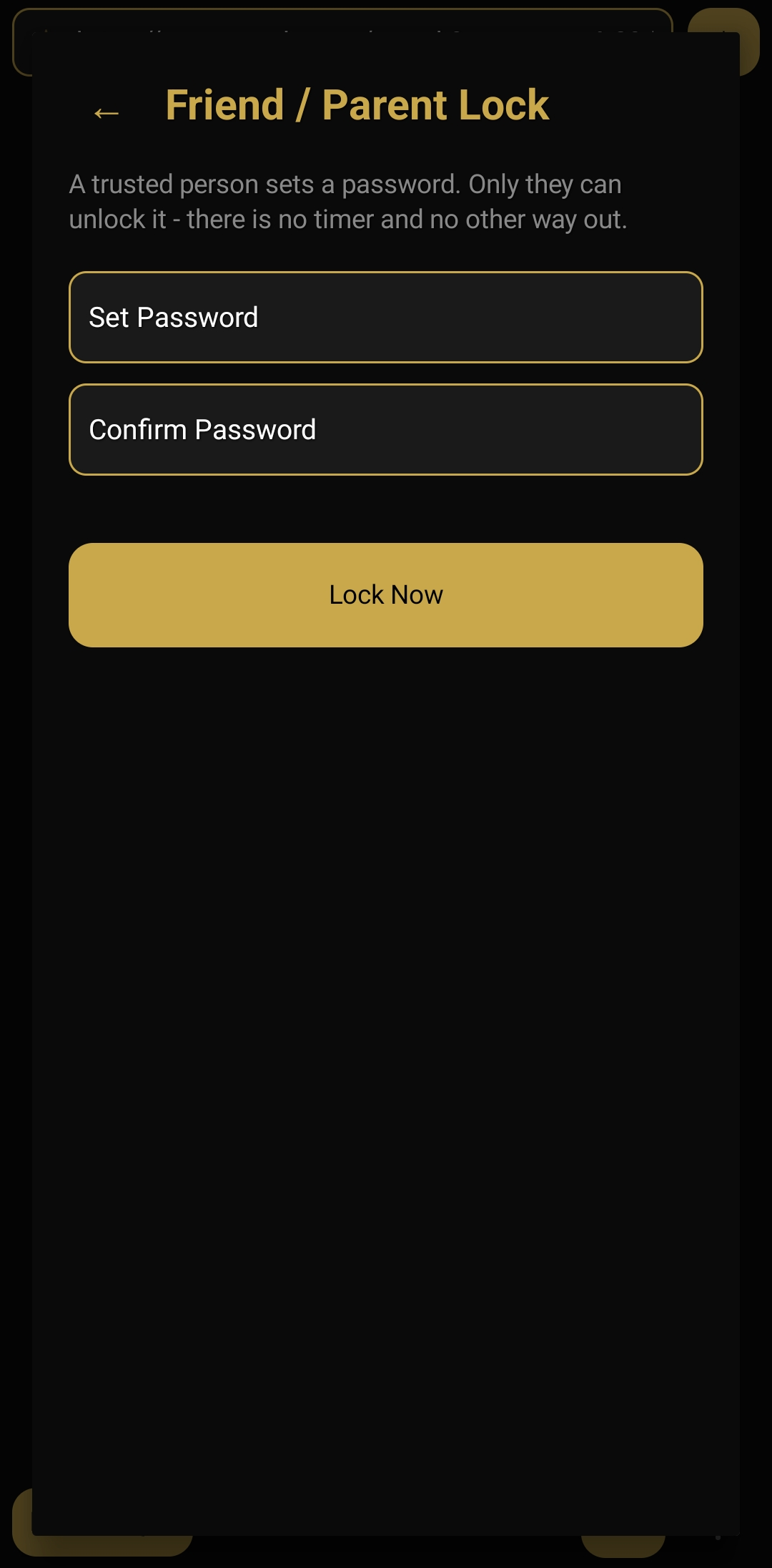 Friend / Parent Lock screen with Set Password, Confirm Password and Lock Now