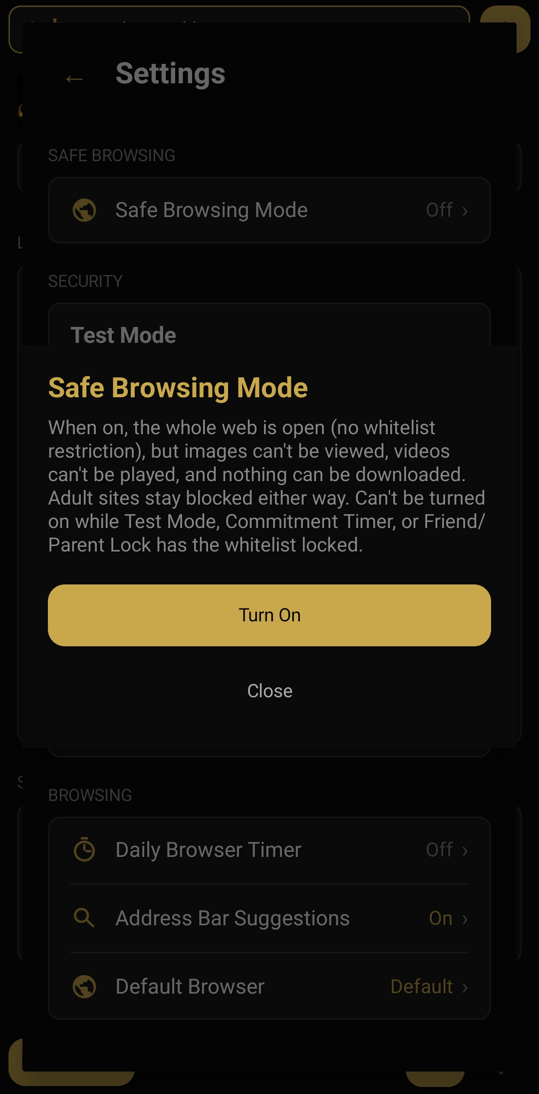 Safe Browsing Mode explainer dialog